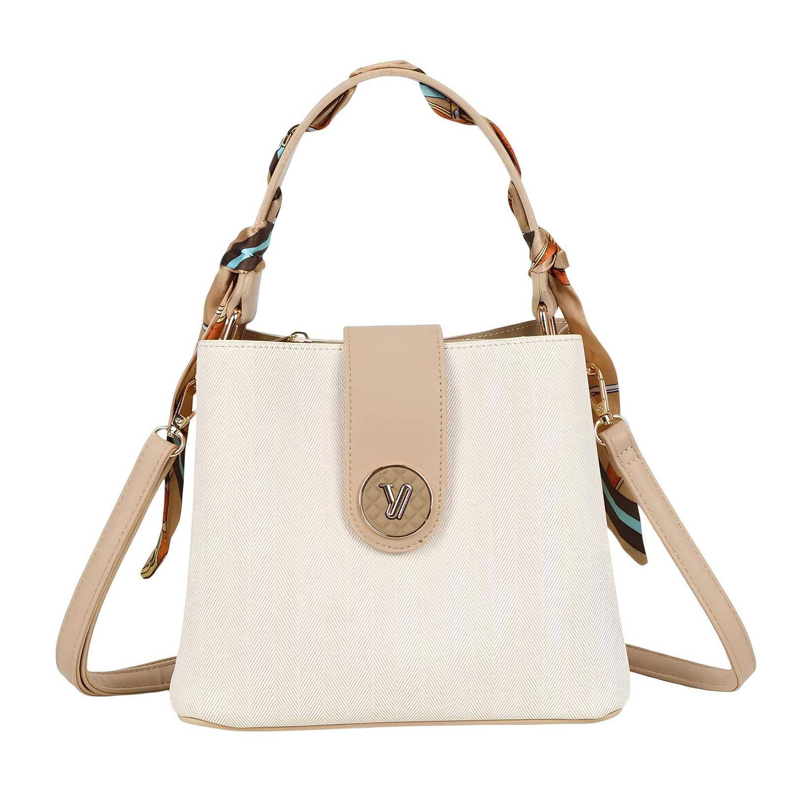 Sac à Main pour Femme Motif Chevron avec Anse Décorée d’un Foulard-1
