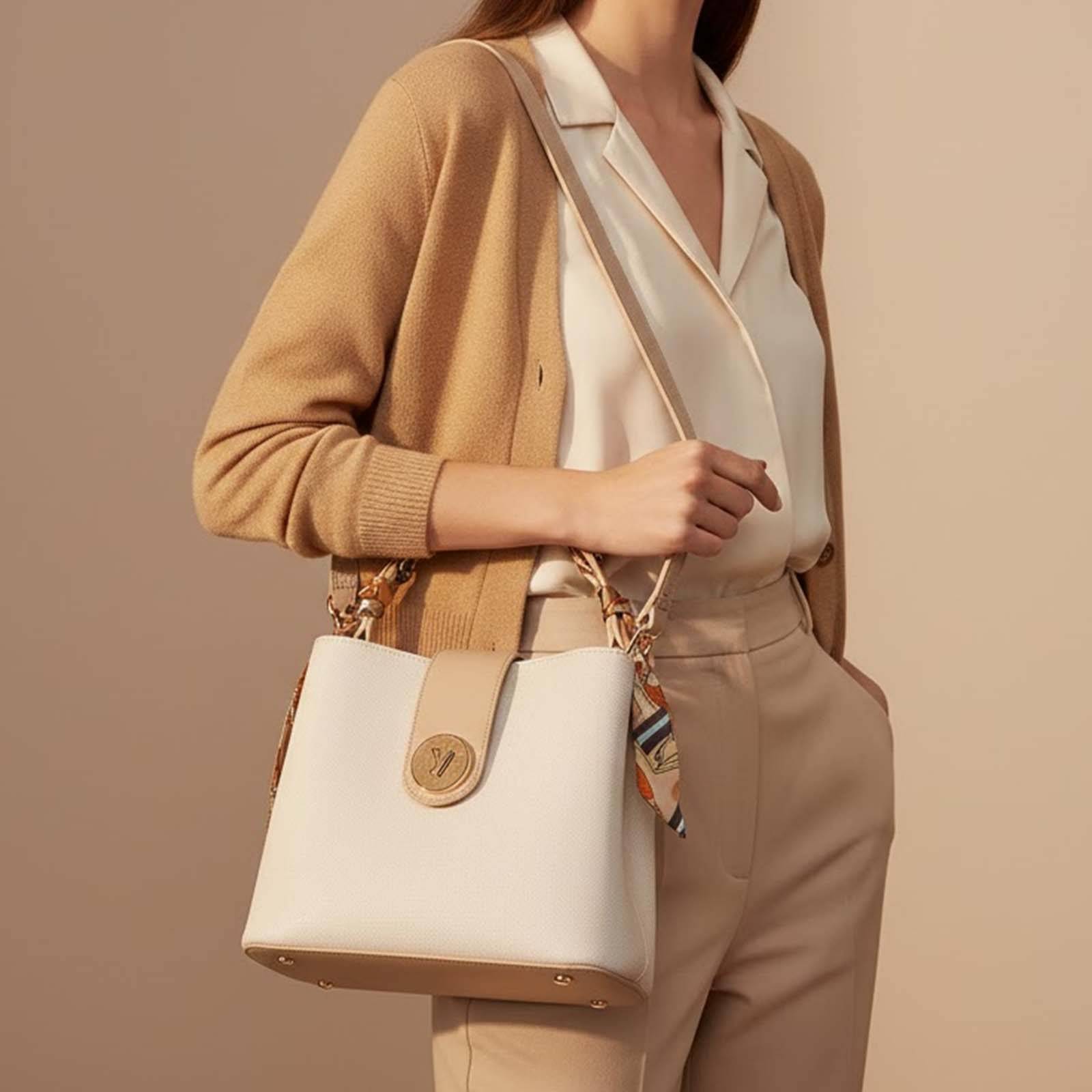 Sac à Main pour Femme Motif Chevron avec Anse Décorée d’un Foulard-2