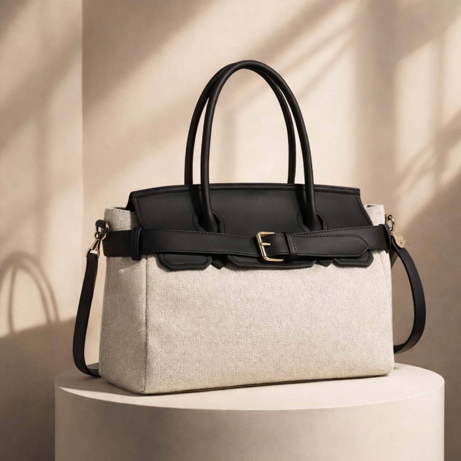 Mini Sac à Main pour Femme en Toile Écru avec Ceinture à Boucle Métallique-0