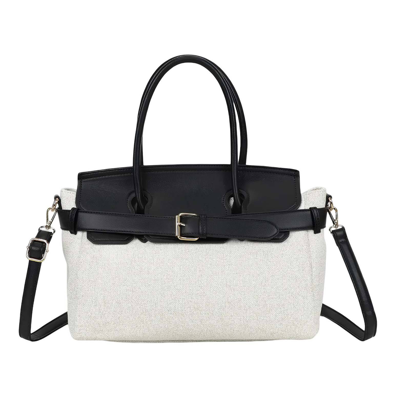 Mini Sac à Main pour Femme en Toile Écru avec Ceinture à Boucle Métallique-1