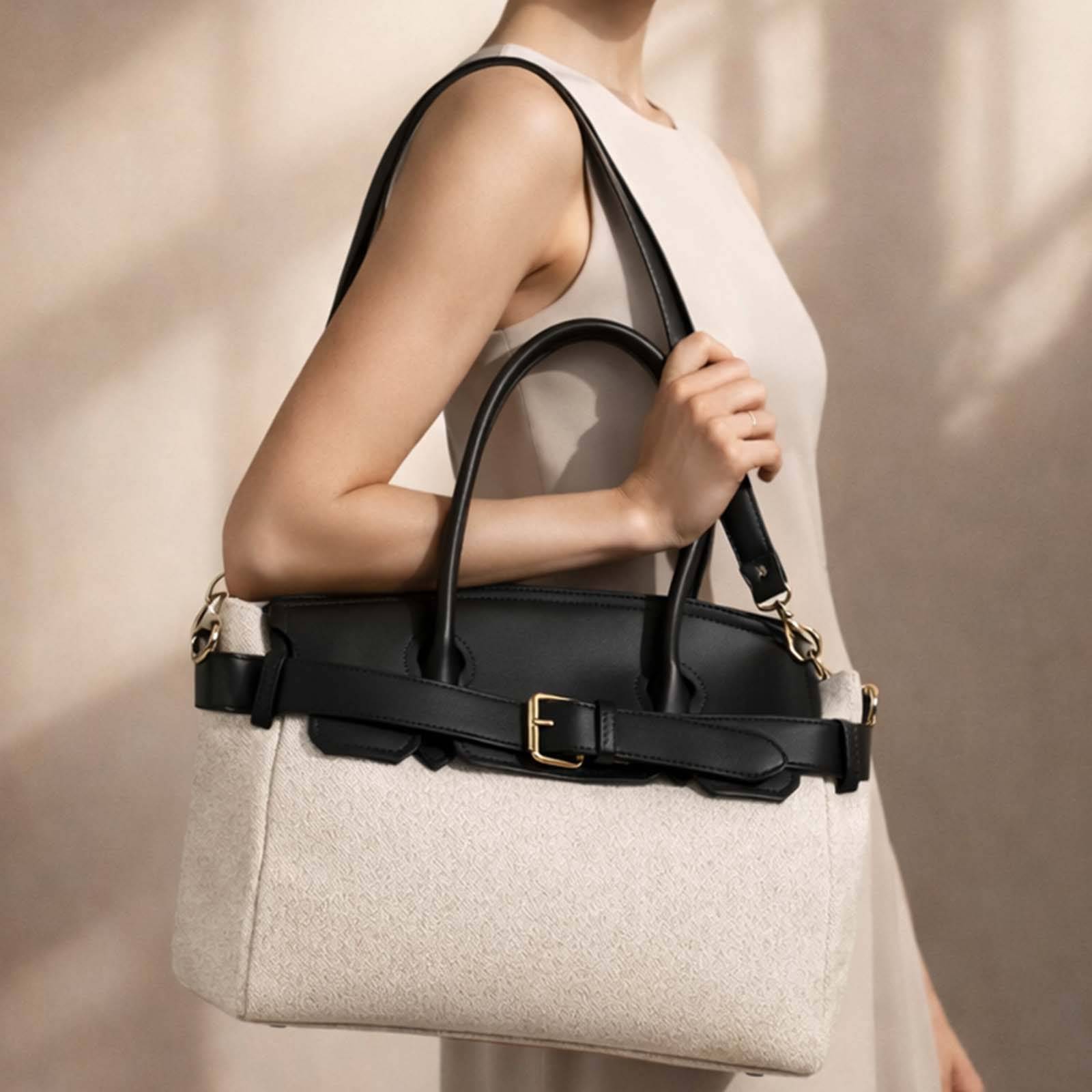 Mini Sac à Main pour Femme en Toile Écru avec Ceinture à Boucle Métallique-2