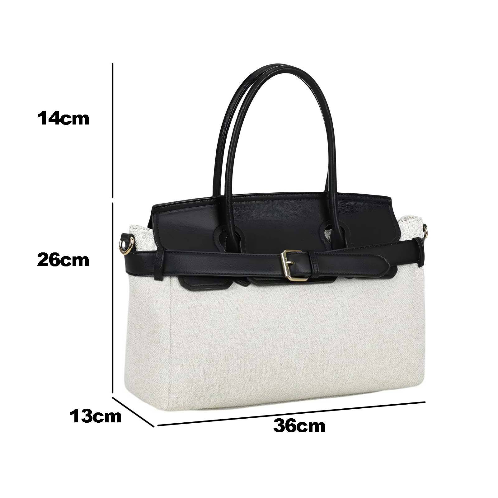 Mini Sac à Main pour Femme en Toile Écru avec Ceinture à Boucle Métallique-4