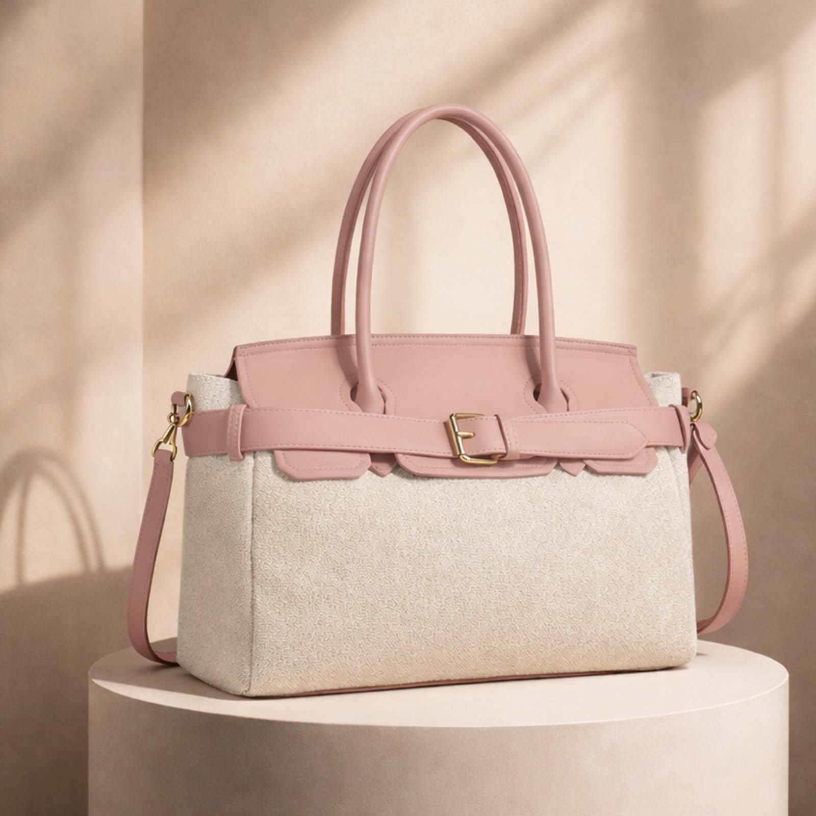 Mini Sac à Main pour Femme en Toile Écru avec Ceinture à Boucle Métallique-0