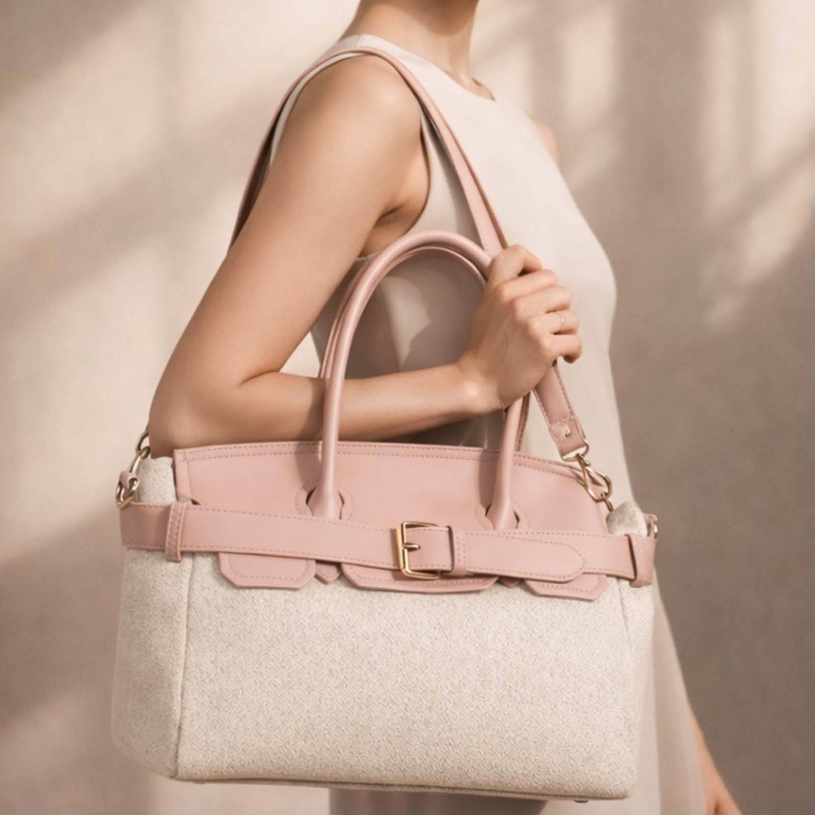 Mini Sac à Main pour Femme en Toile Écru avec Ceinture à Boucle Métallique-2