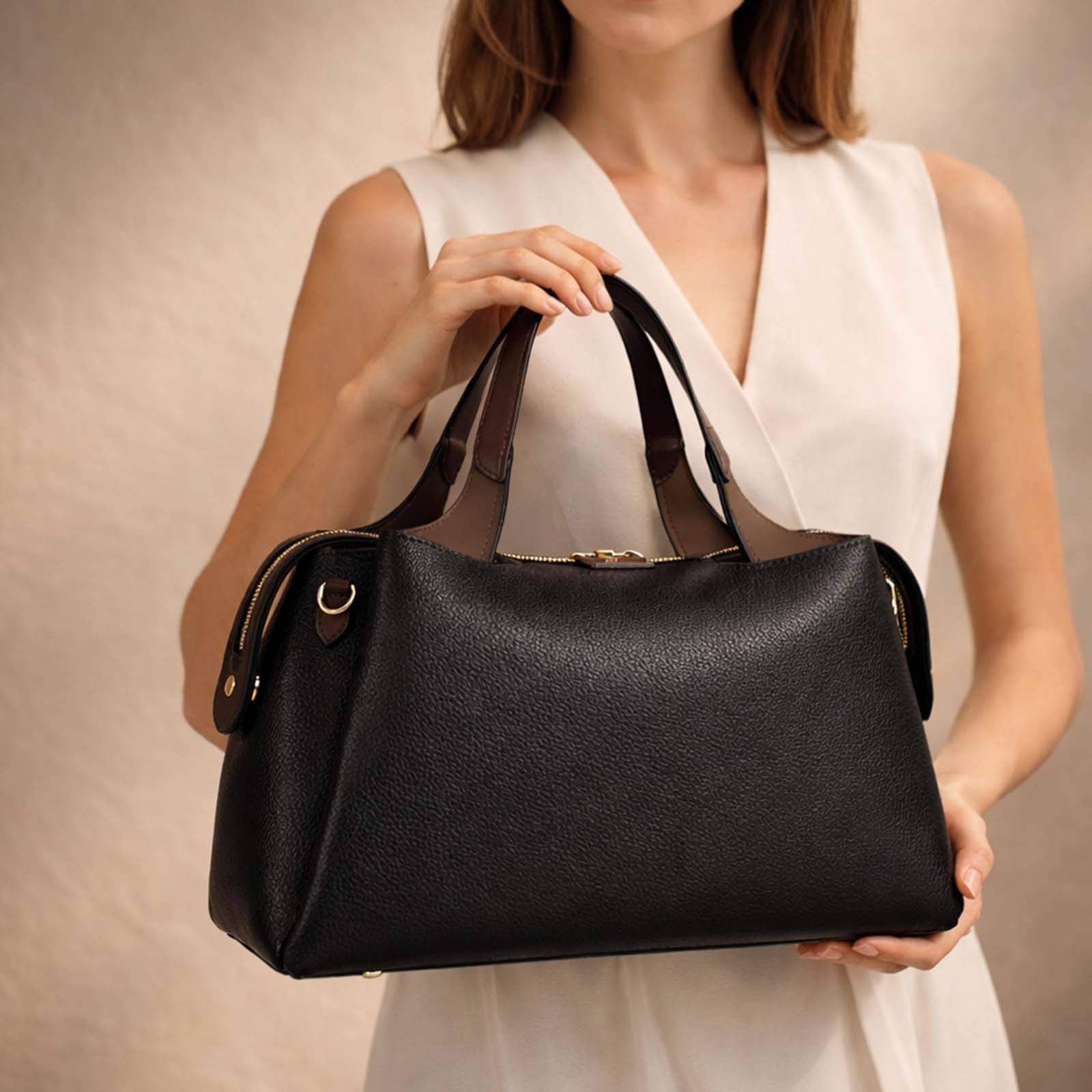 Sac à Main pour Femme Bi-ton avec Fermeture Zippée et Anses Contrastées-2