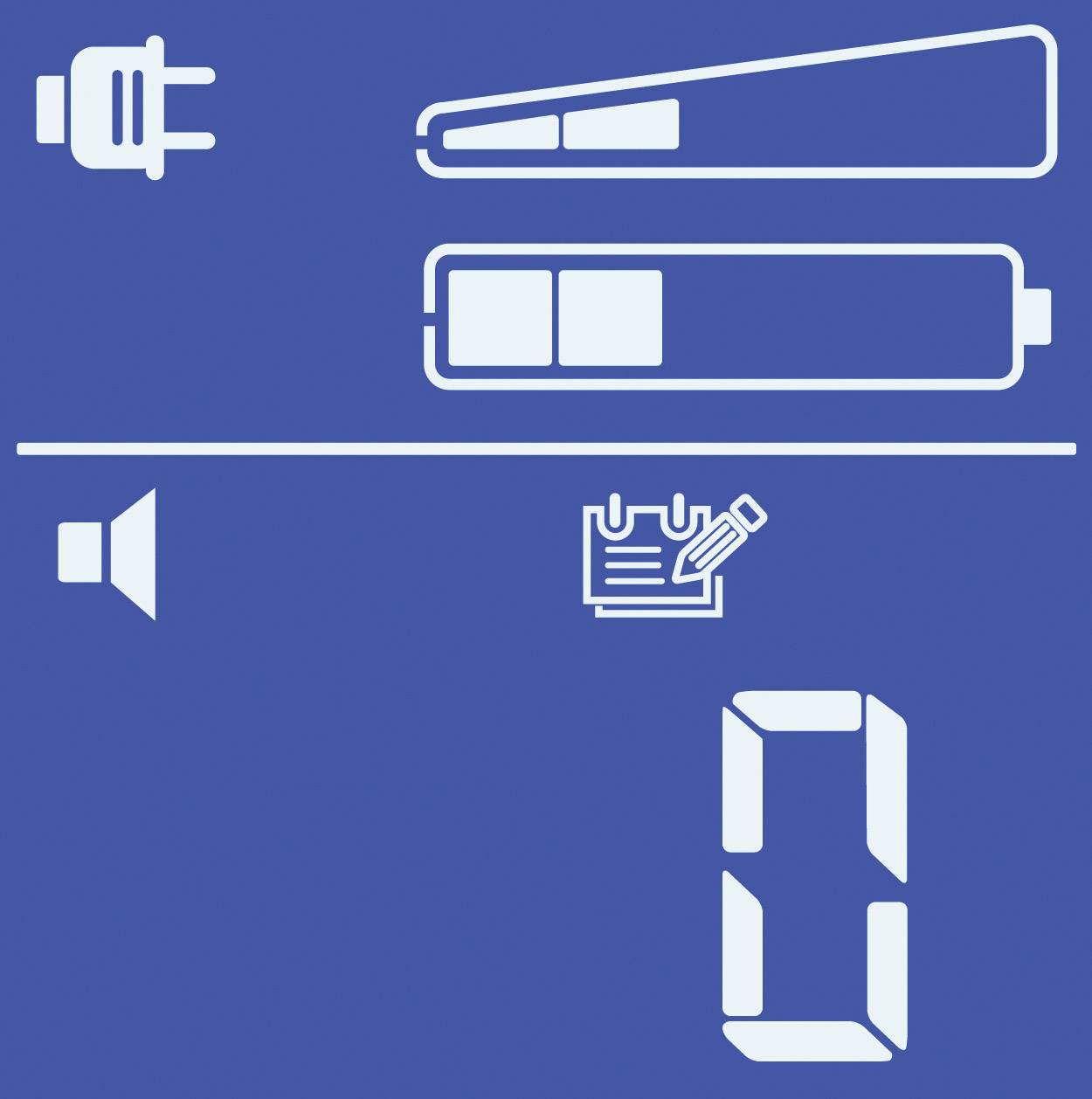 Un écran bleu affiche un symbole de prise en haut et des indicateurs de batterie en dessous. Un symbole de haut-parleur et un graphique de bloc-notes sont également visibles. Le chiffre '0' est inscrit en bas.