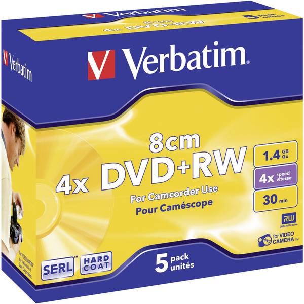 Mini DVD+RW 8 cm vierge Verbatim 43565 5 pc(s) 1.4 Go 30 min réinscriptible, surface gris