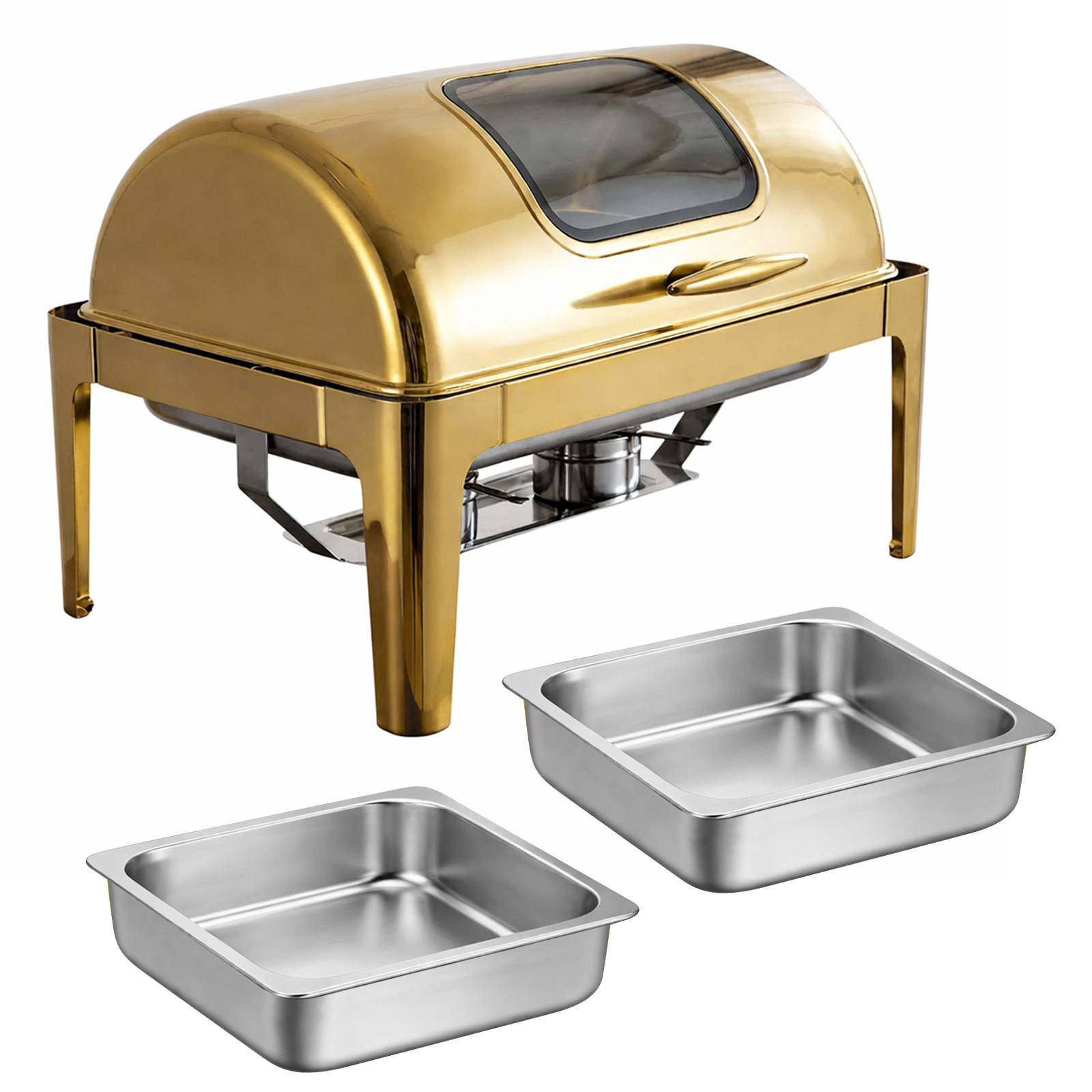 Chauffe-plats Double Compartiment 9L en Inox avec Couvercle Rabattable Vitré-1