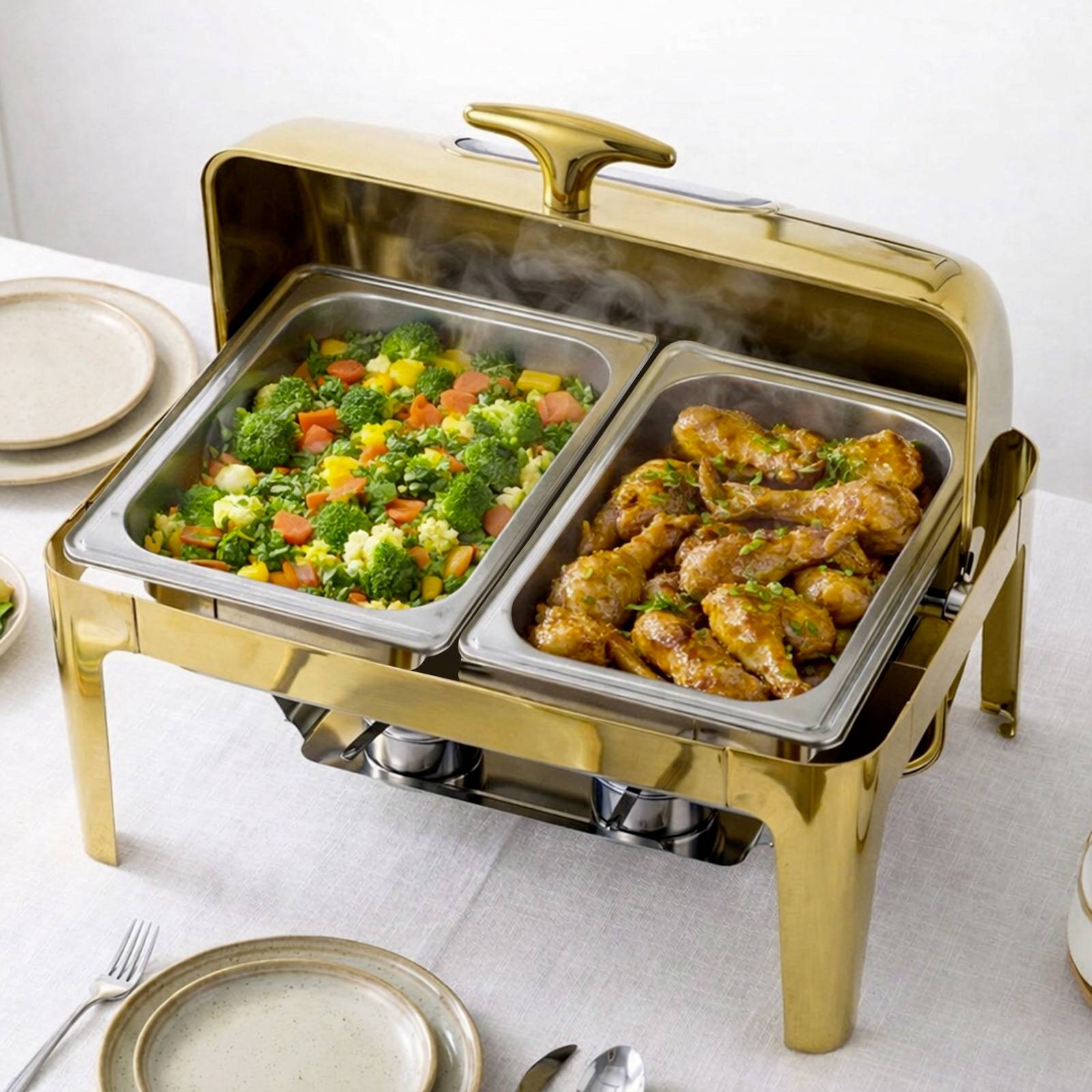 Chauffe-plats Double Compartiment 9L en Inox avec Couvercle Rabattable Vitré-3