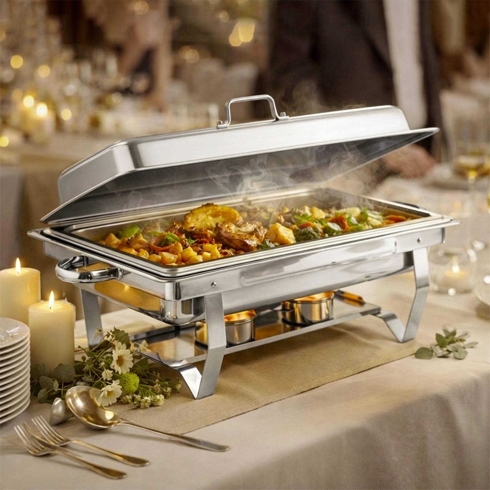 Chauffe-plats Rectangulaire 11L Simple Compartiment en Inox avec Couvercle-2