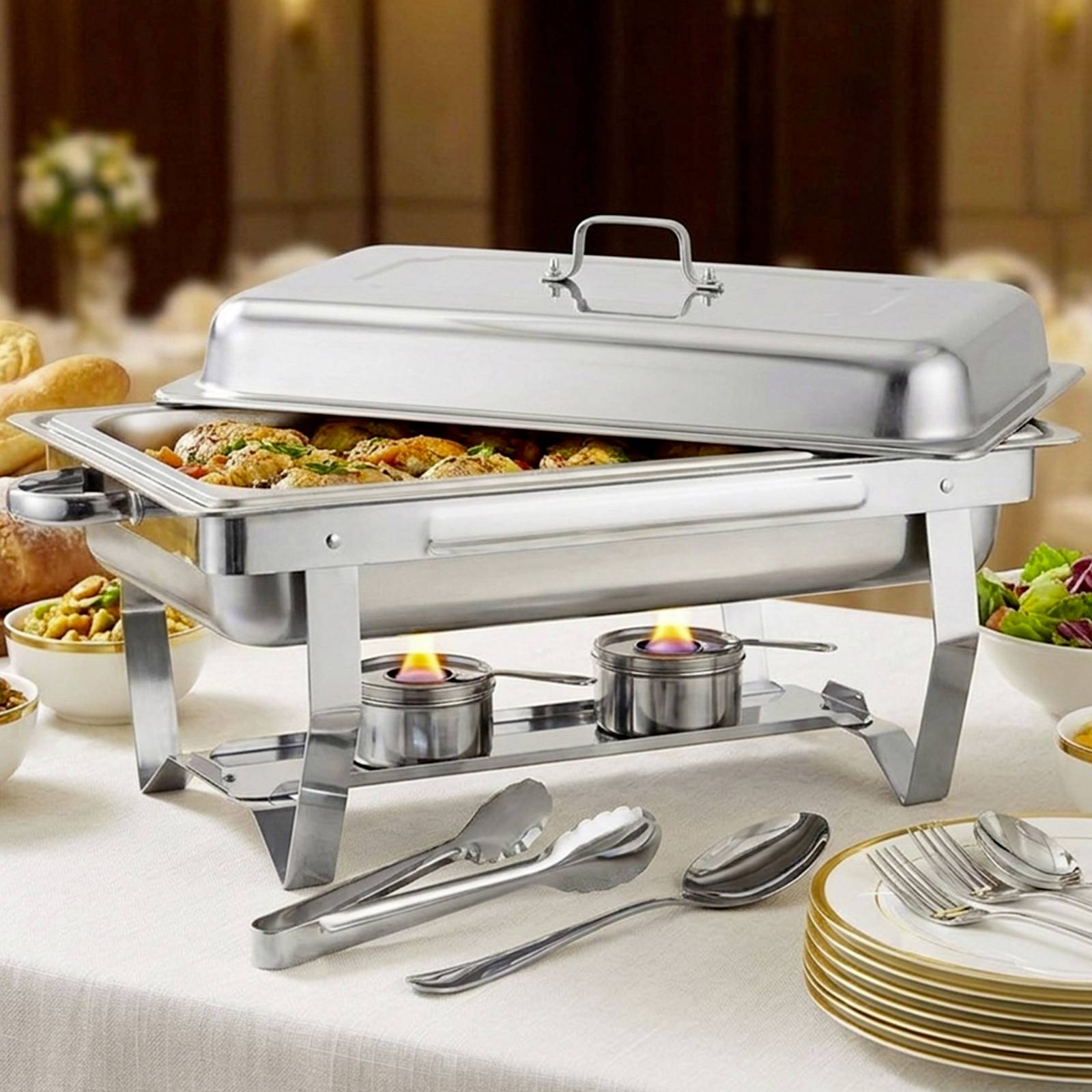 Chauffe-plats Rectangulaire 11L Simple Compartiment en Inox avec Couvercle-3
