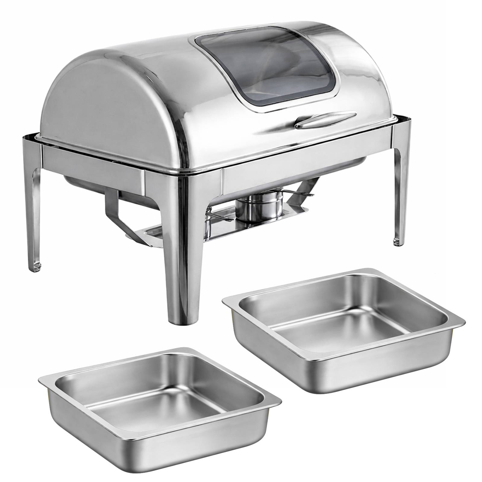 Chauffe-plats Double Compartiment 9L en Inox avec Couvercle Rabattable Vitré-1