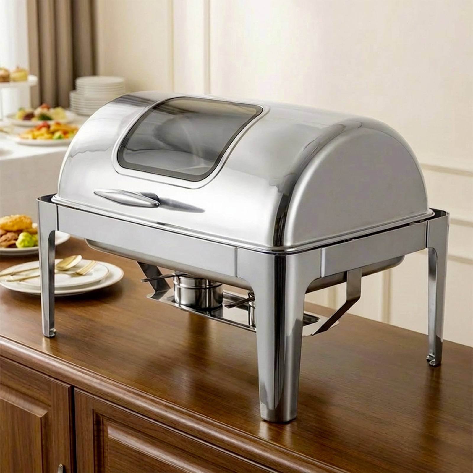 Chauffe-plats Double Compartiment 9L en Inox avec Couvercle Rabattable Vitré-2