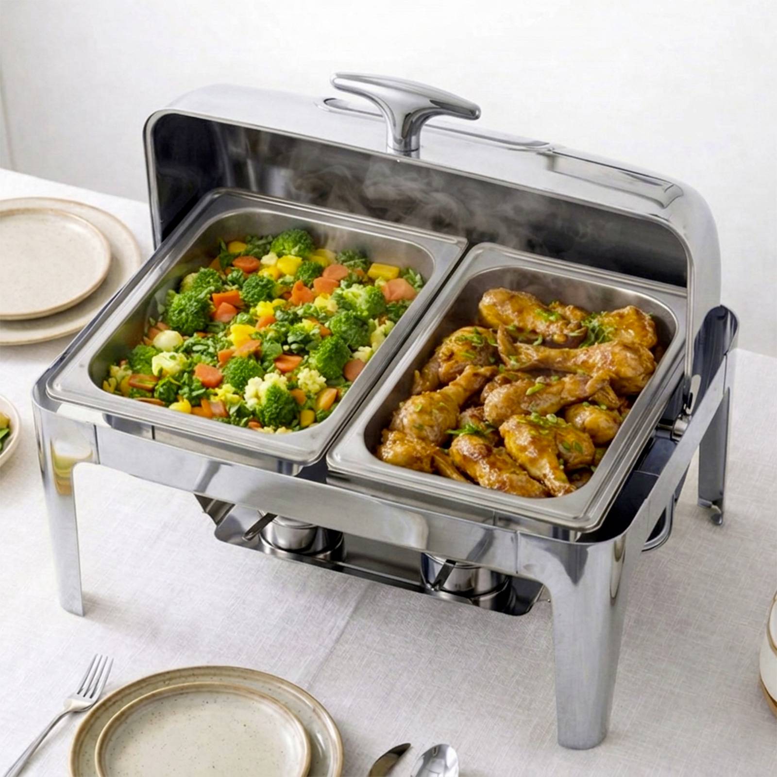 Chauffe-plats Double Compartiment 9L en Inox avec Couvercle Rabattable Vitré-3