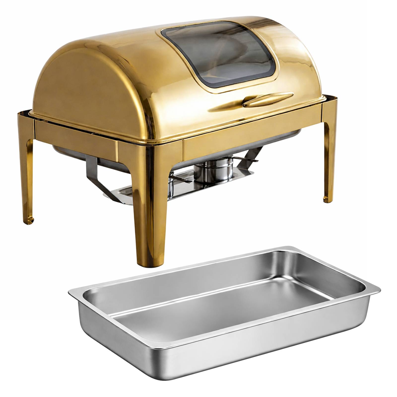 Chauffe-plats Simple Compartiment 9L en Inox avec Couvercle Rabattable Vitré-2