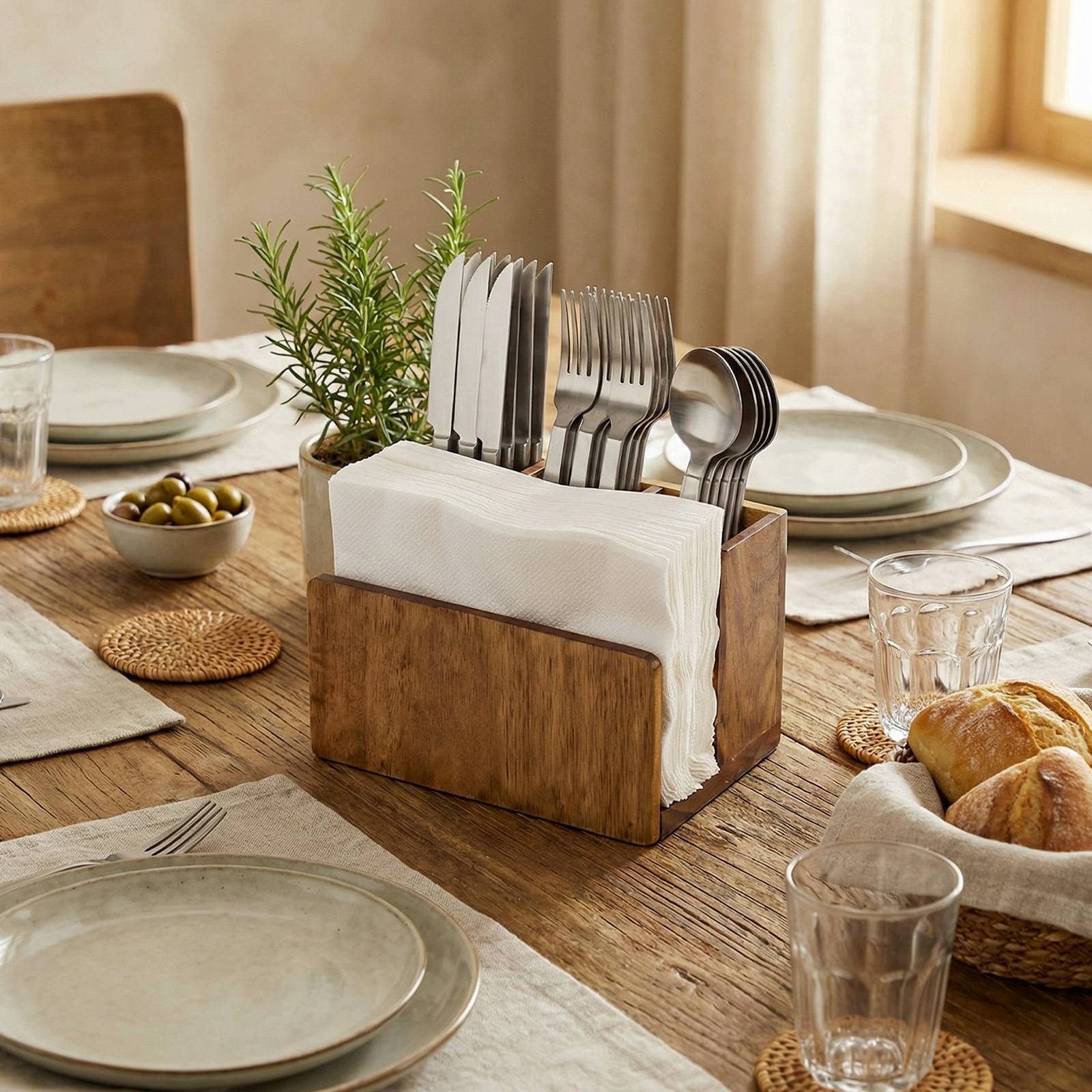 Range-Couverts avec Porte-serviettes Bambou Naturel 4 Compartiments pour Cuisine-2