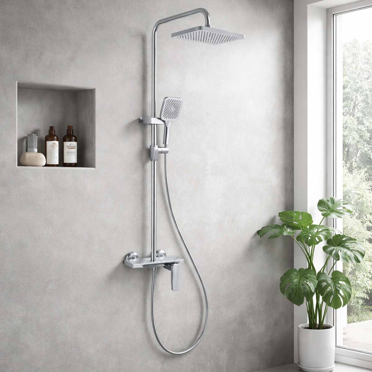 Colonne de Douche avec Pommeau et Douchette Carrée Inox Chromé Double Fonction-2