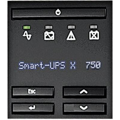 Un écran d'une Smart-UPS X 750 avec des symboles d'alimentation, de batterie, d'alarme et d'arrêt. Touches de navigation et d'échappement.