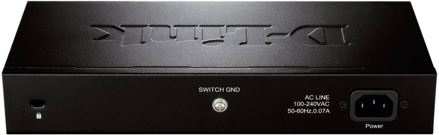 'Dos d'un commutateur réseau noir, logo D-Link, prise d'alimentation à droite, étiquette : AC LINE 100-240V/AC 50-60Hz 0.07A.'