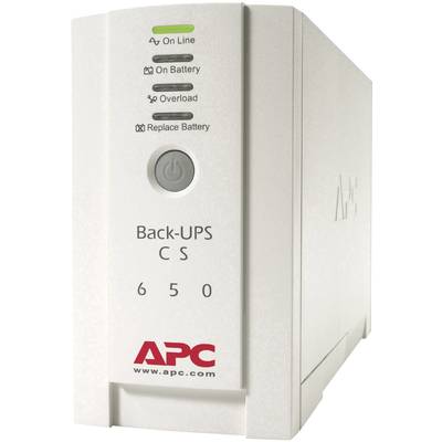 Système d'alimentation sans interruption, modèle APC Back-UPS CS 650, affichage des voyants d'état de fonctionnement, batterie, surcharge, remplacement de batterie.