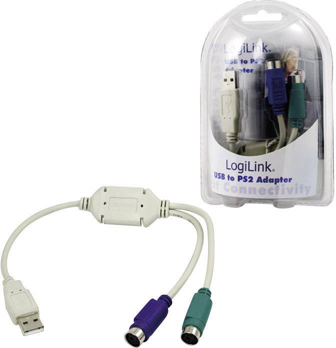 Adaptateur USB vers PS2 de LogiLink, permet de connecter un clavier et une souris PS2 à un port USB. L'emballage présente une image du produit.