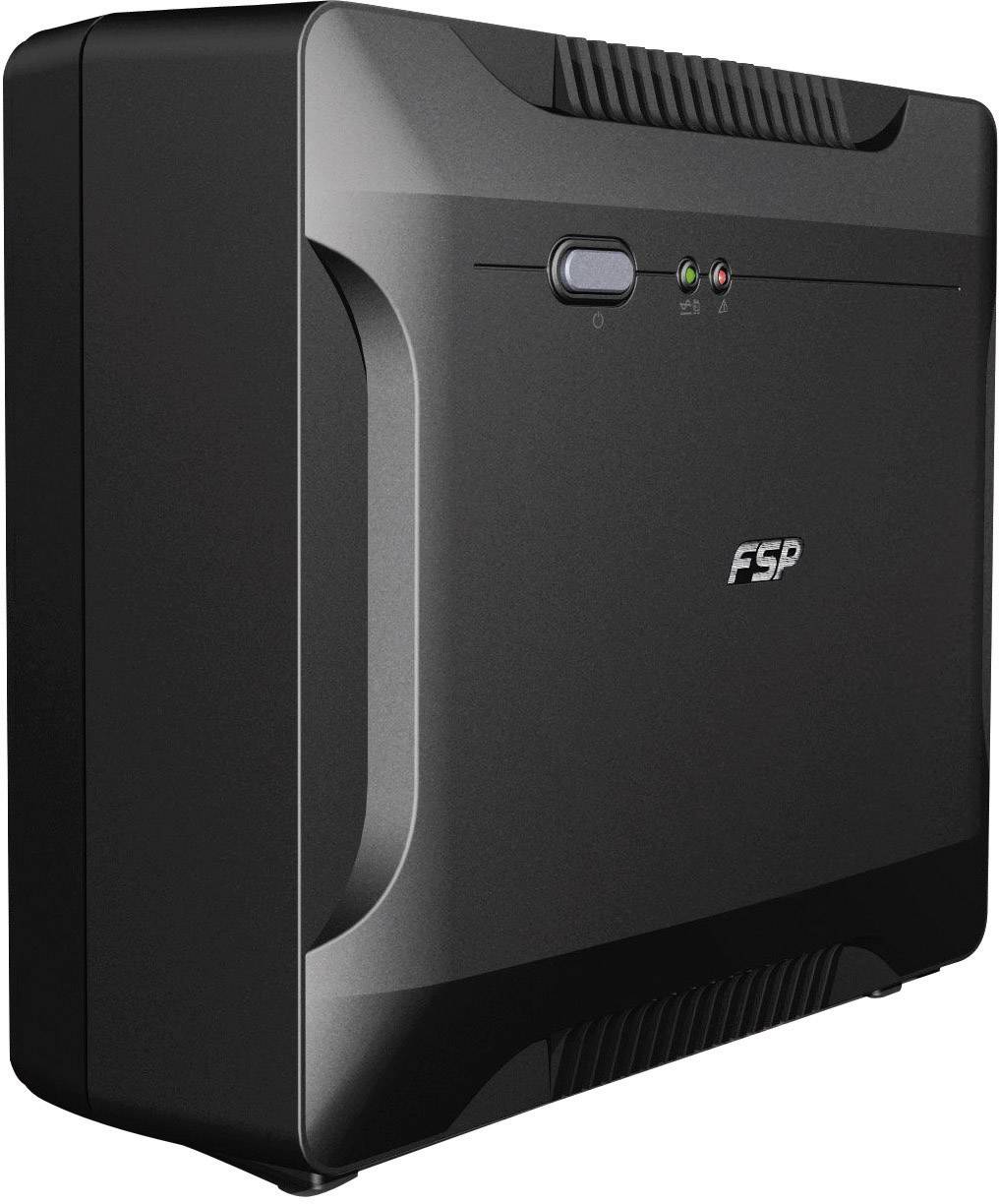 Un bloc d'alimentation noir FSP avec un interrupteur principal et deux LED sur l'avant. Il présente un design lisse et compact.