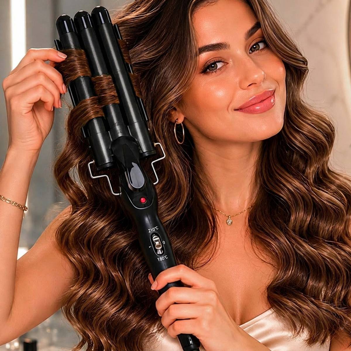 Fer à Boucler Triple Tube Céramique 70W Noir avec Chauffage Rapide PTC-2