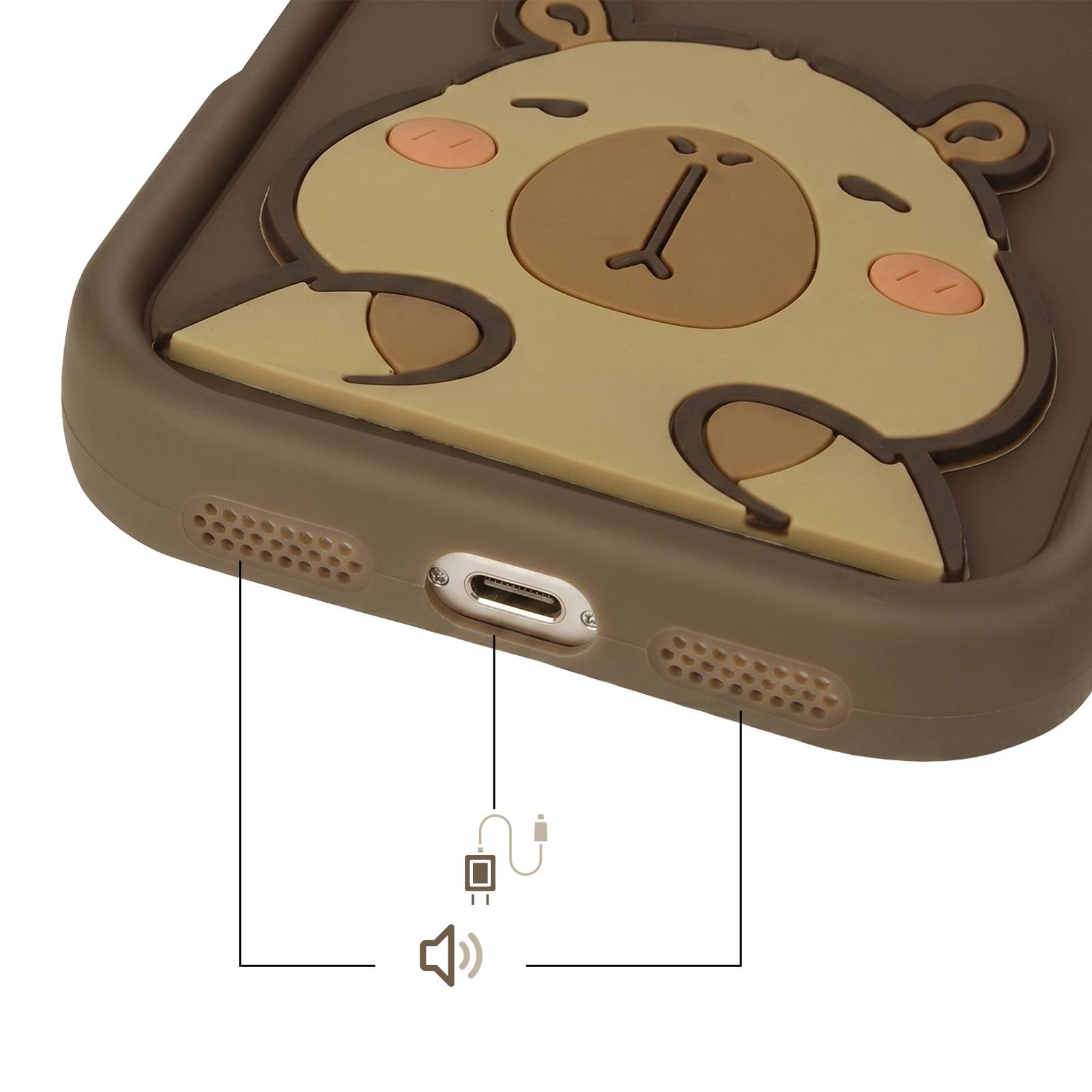 Coque pour iPhone 14 avec Motifs Capybara Kawaii en 3D et Contour Surélevé-3