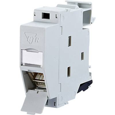 Un module Keystone RJ45 gris pour montage sur rail DIN. Il permet l'installation simple d'un câble réseau dans un coffret électrique.