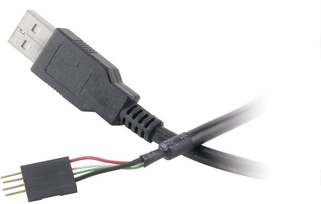 Câble USB noir divisé en deux extrémités : une fiche USB et une extrémité dénudée avec des fils rouges, verts et noirs.