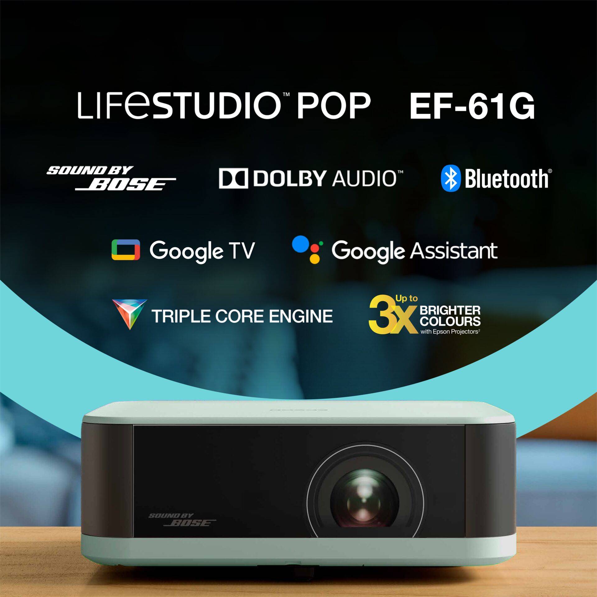 EPSON Lifestudio POP EF-61G Vert Glacé- Projecteur portatif smart,LED, Sound by Bose, Google TV, FHD, 700 lumens, Garant-1