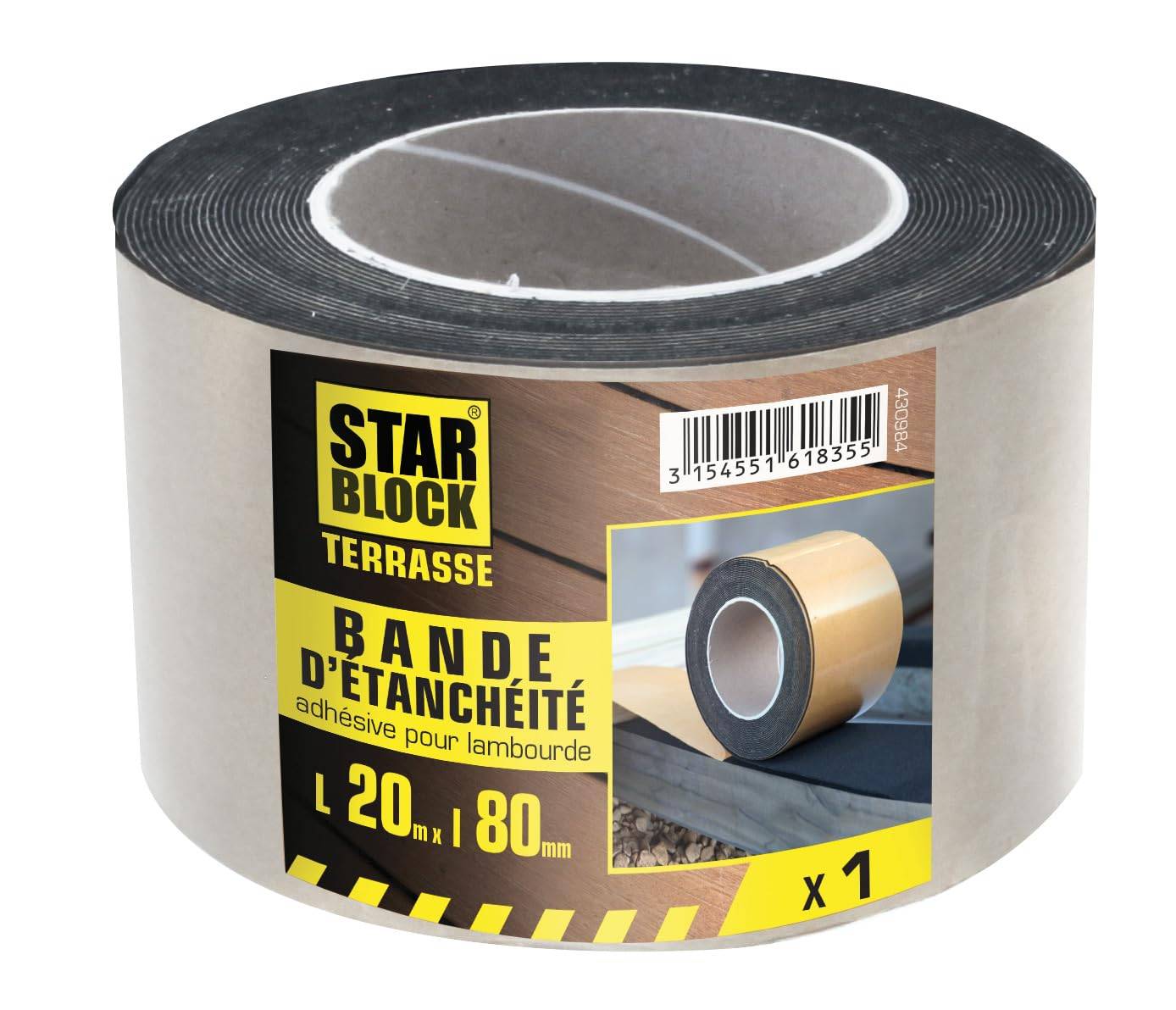 Bande d'étanchéité adhésive pour lambourde en mousse EPDM L. 20 m l. 80 x Ép. 1mm - STARBLOCK 430984-0