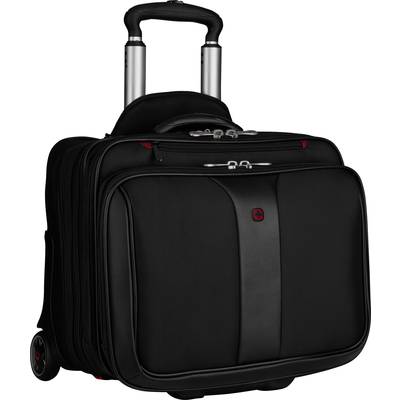 Valise à roulettes noire avec deux roues et poignée télescopique, idéale pour les voyages d'affaires ou les courts séjours.