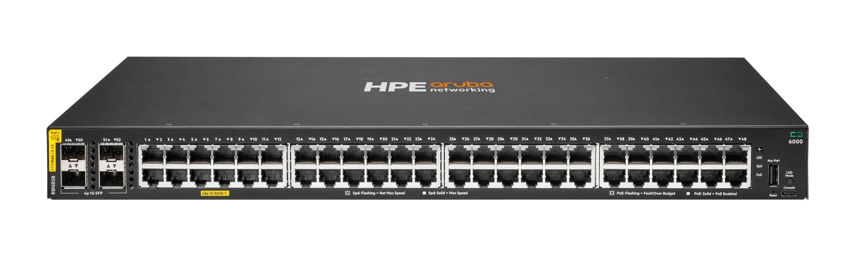 HPE Aruba Networking CX 6000 48p 10M/100M/1G Class4 PoE 4p SFP 1G 370W Switch, Géré, L2/L3, Gigabit Ethernet (10/100/100-0