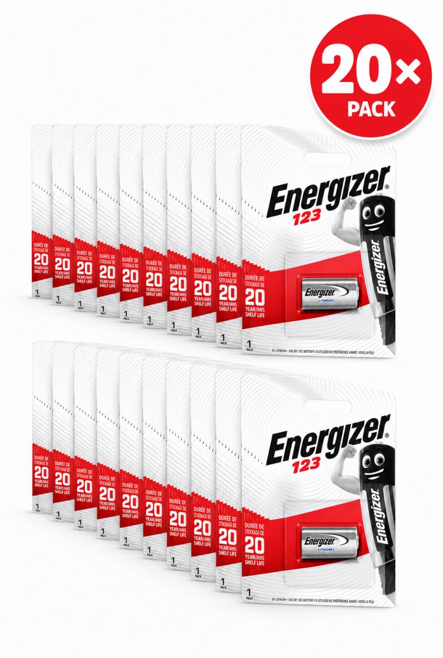 Piles Energizer au lithium CR123, 3 V pour photos, blister de vente au détail, paquet de 20-0
