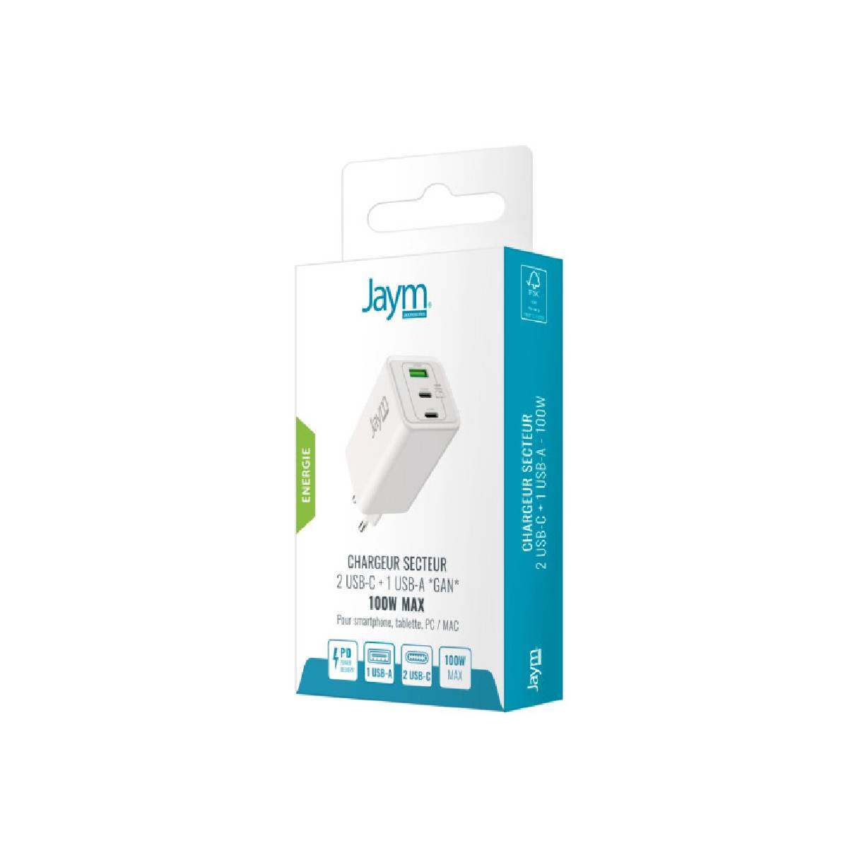 Chargeur Secteur GaN 5A 100W Max avec 2 USB-C et USB-A Compatible PD-PPS-4