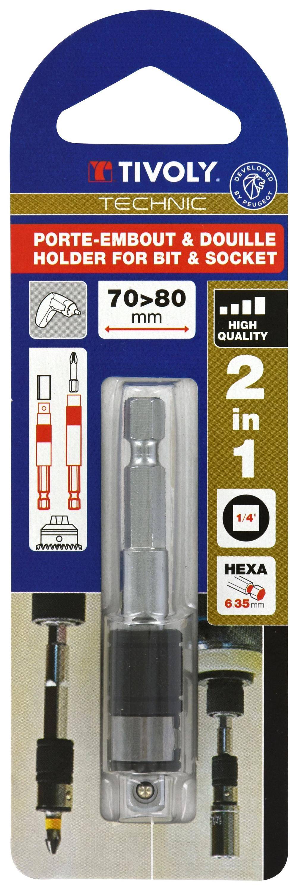 Tivoly – Porte-embout et porte-douille 2-en-1, hexagonal 6,35 mm et carré femelle 1/4"-1