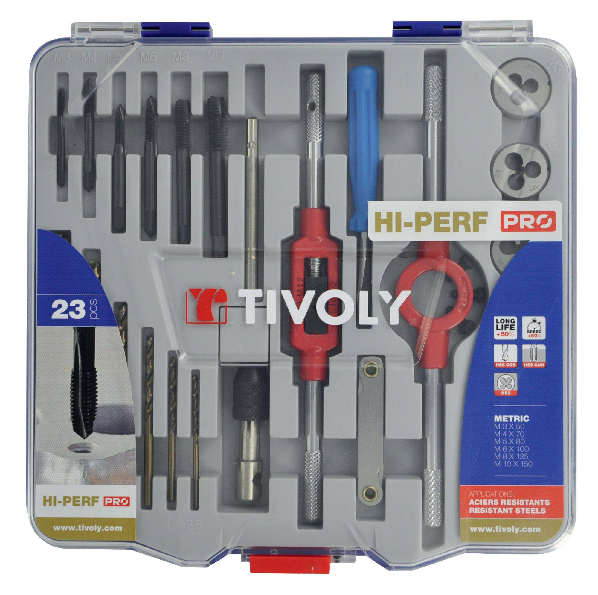 Tivoly – Mallette 23 pièces avec 6 tarauds HSS DIN 352, 6 filières HSS, 6 forets HSS cobalt et accessoires M3 à M10-0
