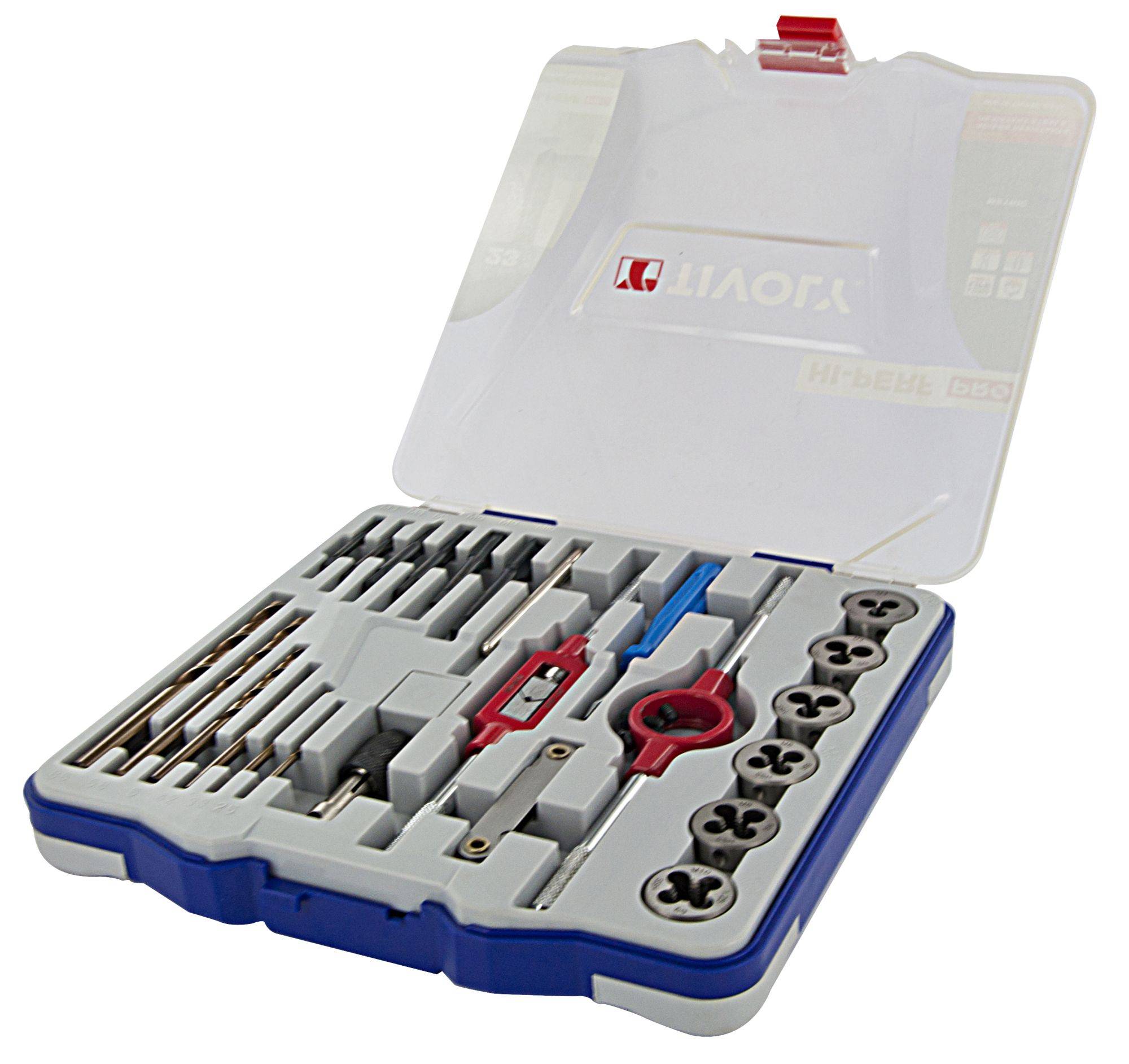 Tivoly – Mallette 23 pièces avec 6 tarauds HSS DIN 352, 6 filières HSS, 6 forets HSS cobalt et accessoires M3 à M10-1