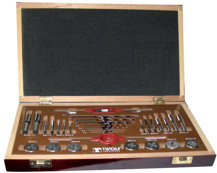 Tivoly – Coffret 30 pièces avec 7 jeux de tarauds HSS DIN 352, 7 filières HSS M3 à M12, forets FURIUS et accessoires-0