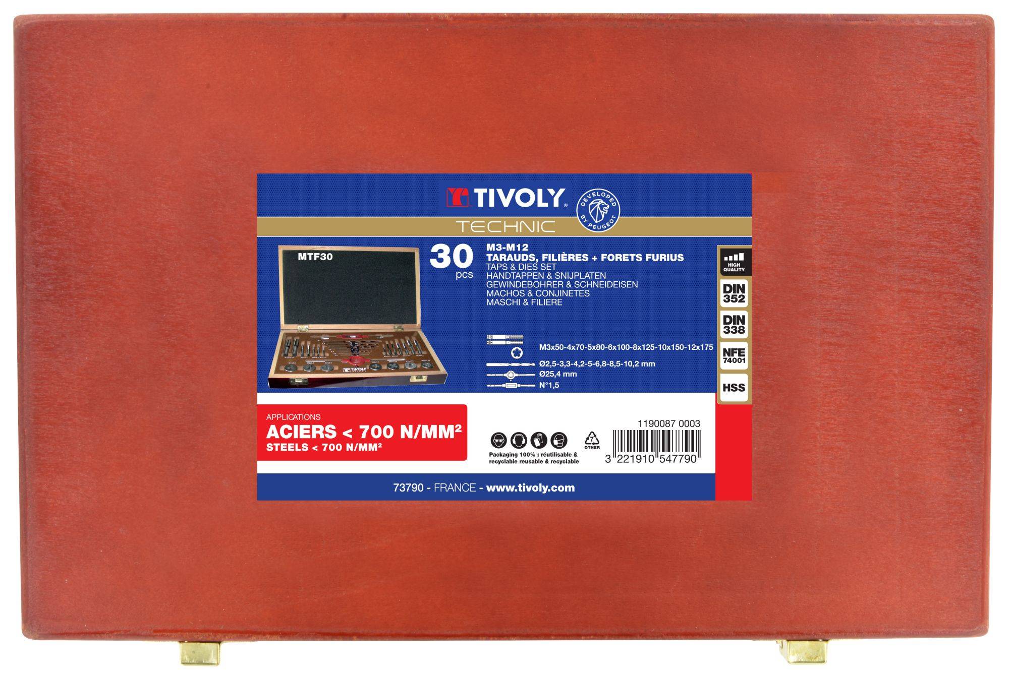 Tivoly – Coffret 30 pièces avec 7 jeux de tarauds HSS DIN 352, 7 filières HSS M3 à M12, forets FURIUS et accessoires-1