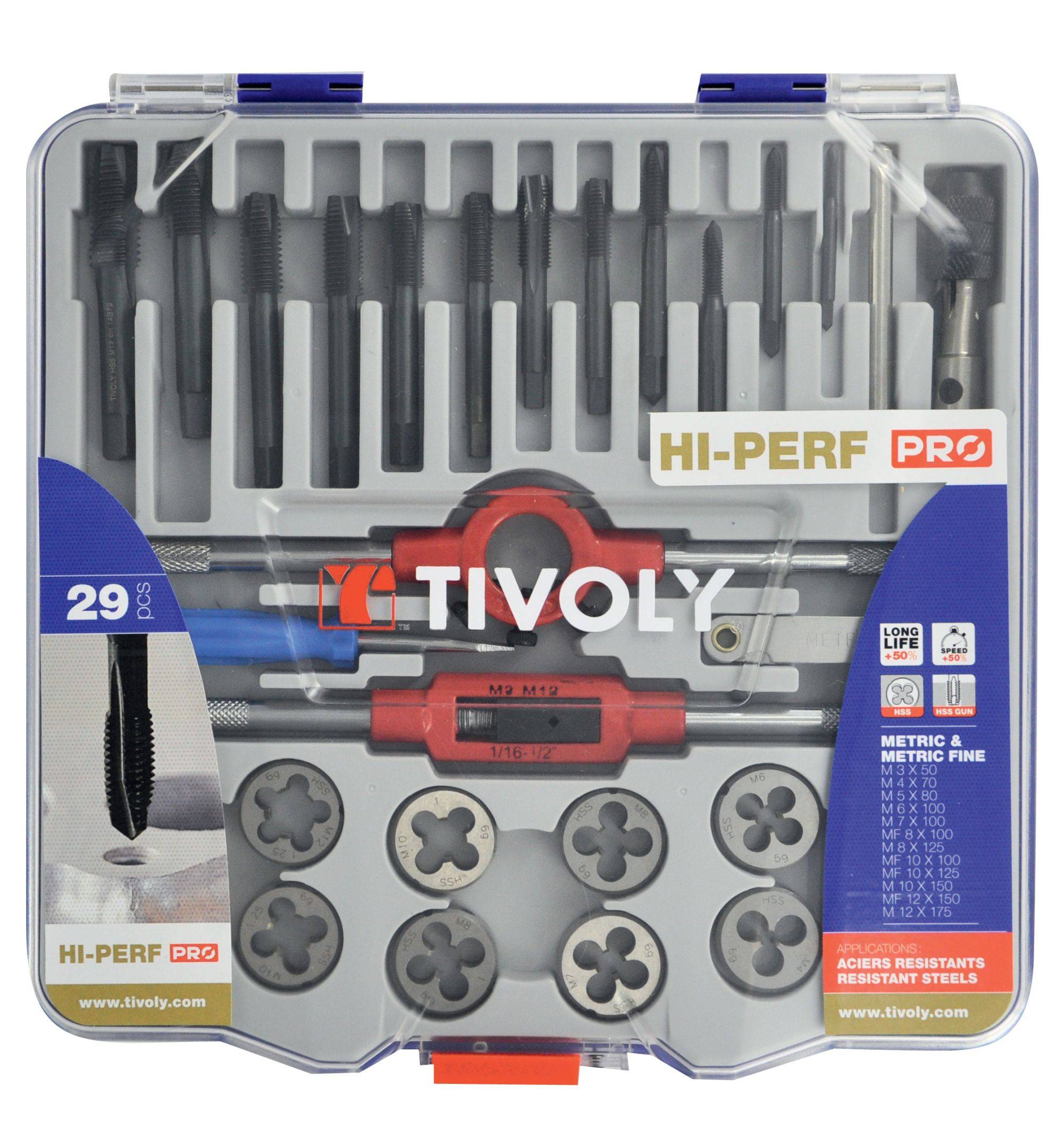 Tivoly – Coffret 29 pièces avec 12 tarauds HSS DIN 352, 12 filières HSS M3 à M12, porte-filière et accessoires-0