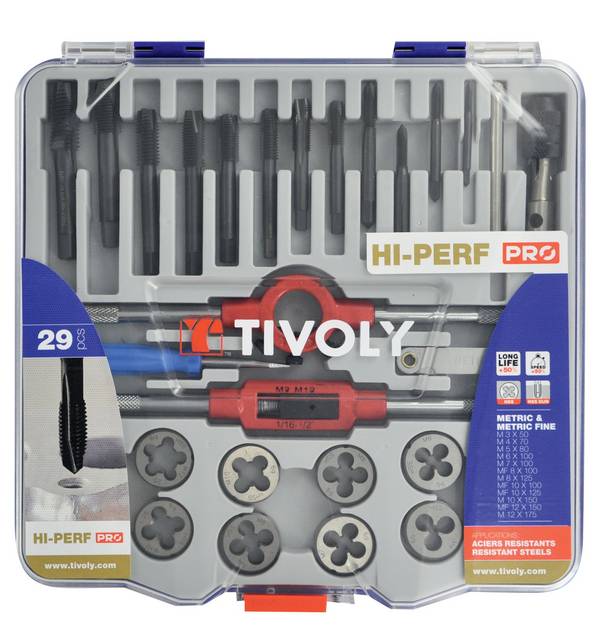 Tivoly – Coffret 29 pièces avec 12 tarauds HSS DIN 352, 12 filières HSS M3 à M12, porte-filière et accessoires