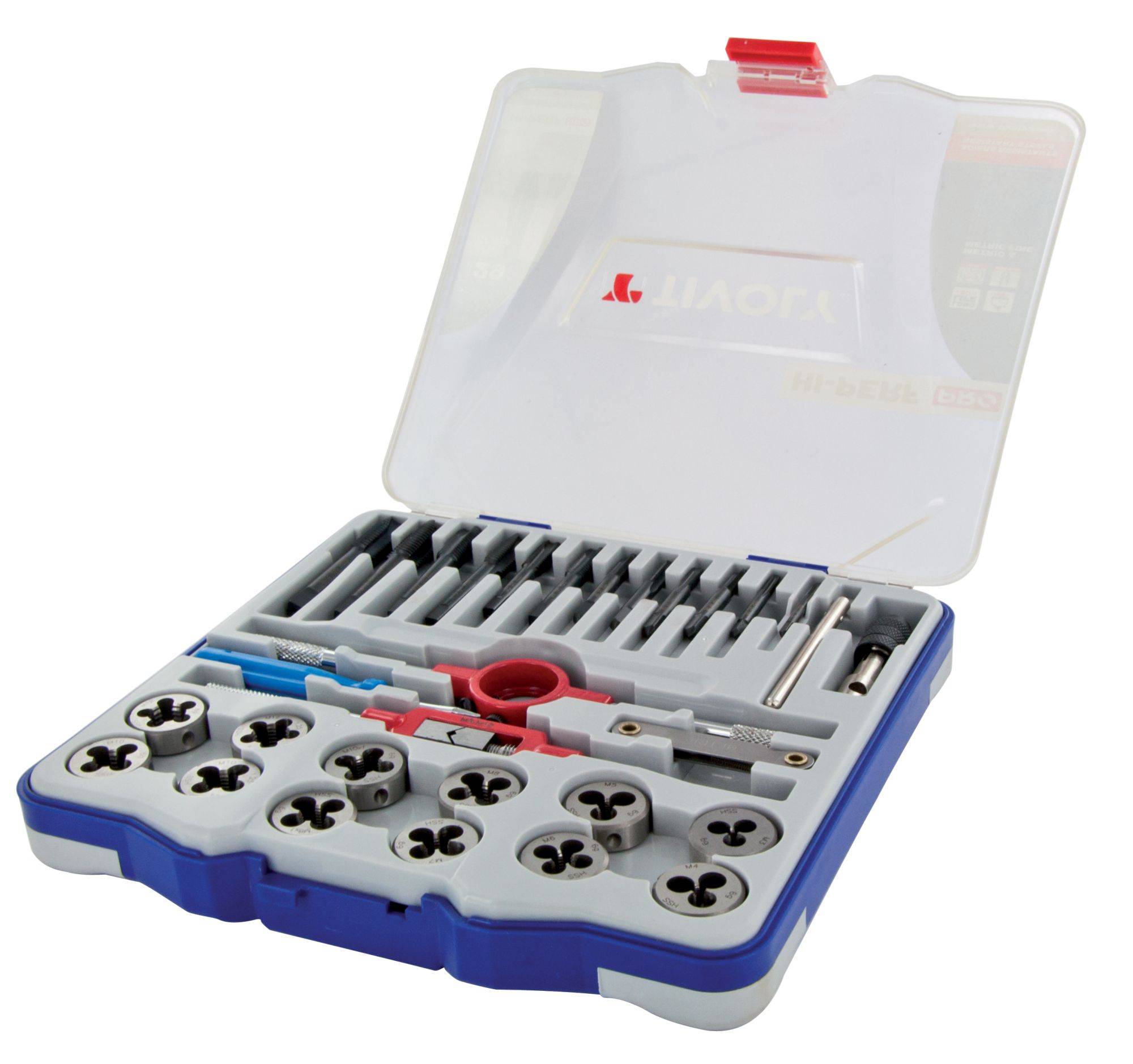 Tivoly – Coffret 29 pièces avec 12 tarauds HSS DIN 352, 12 filières HSS M3 à M12, porte-filière et accessoires-1