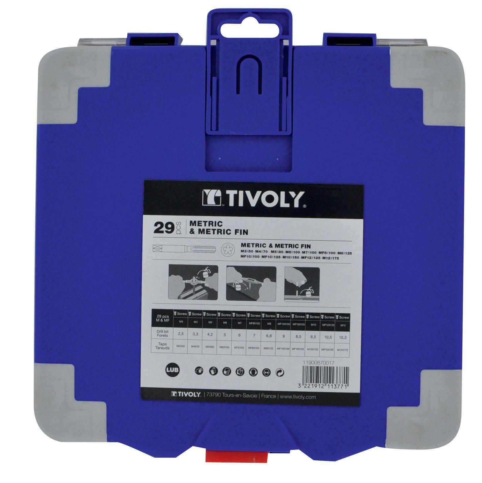 Tivoly – Coffret 29 pièces avec 12 tarauds HSS DIN 352, 12 filières HSS M3 à M12, porte-filière et accessoires-2