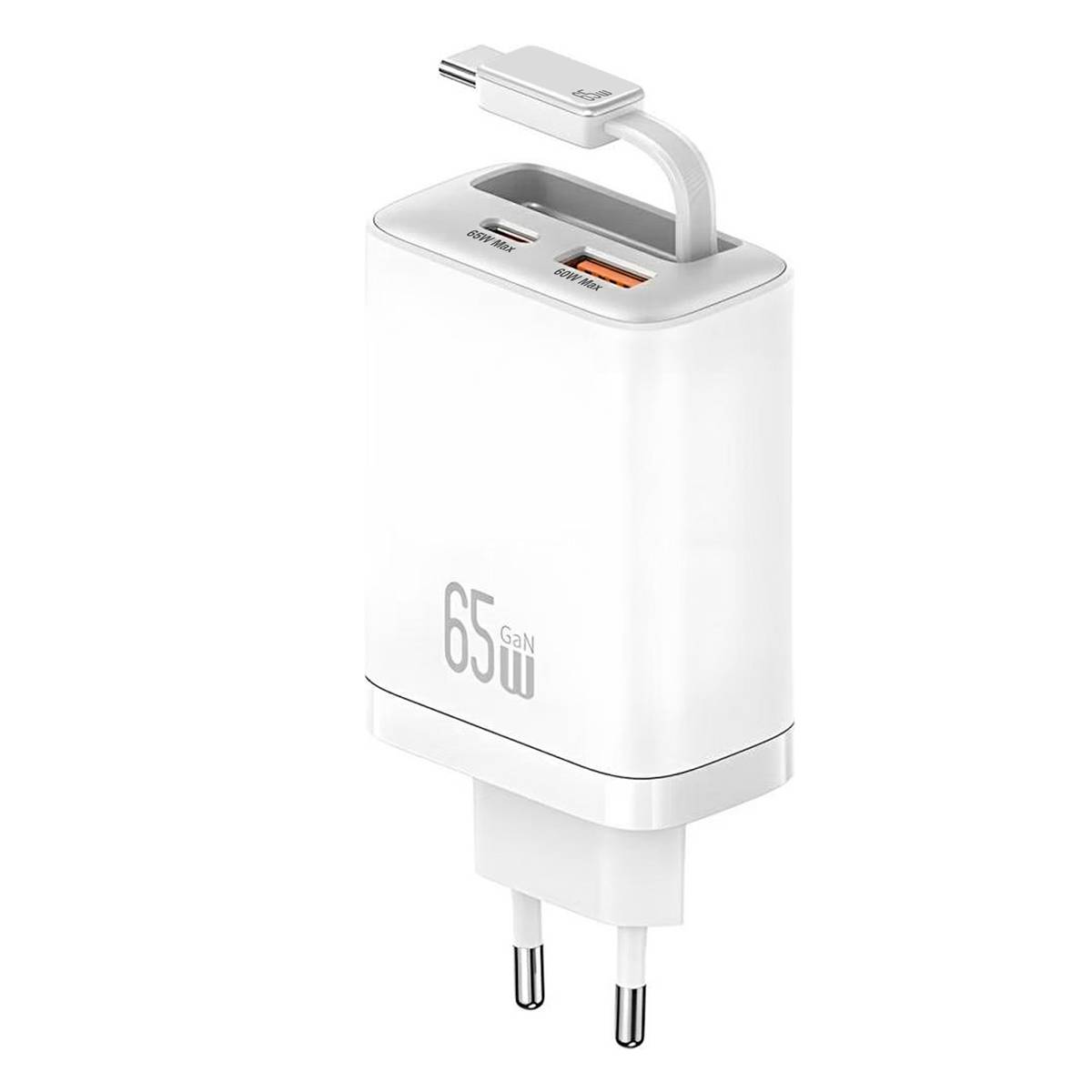 Chargeur GaN 65W 2 Ports USB PD et PPS avec Câble Rétractable USB-C Rapide-0