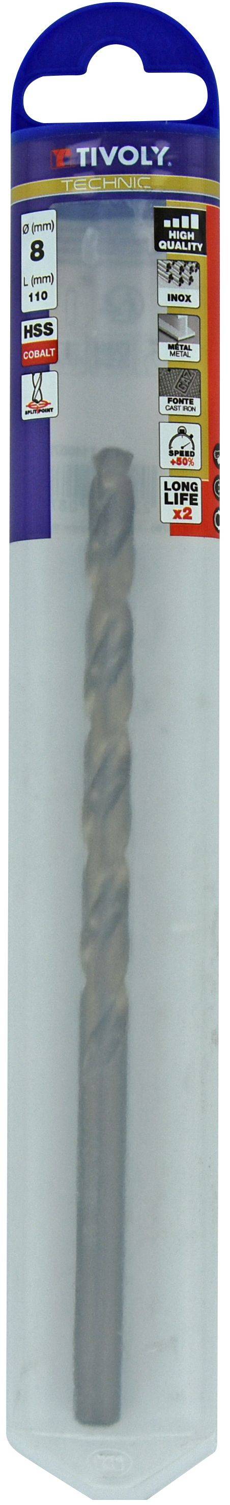 Tivoly – Foret métaux HSS-E5 (Cobalt 5%) revêtu GOLD DIN340 h8 série longue pointe en croix Ø 8 mm L 165 mm-0