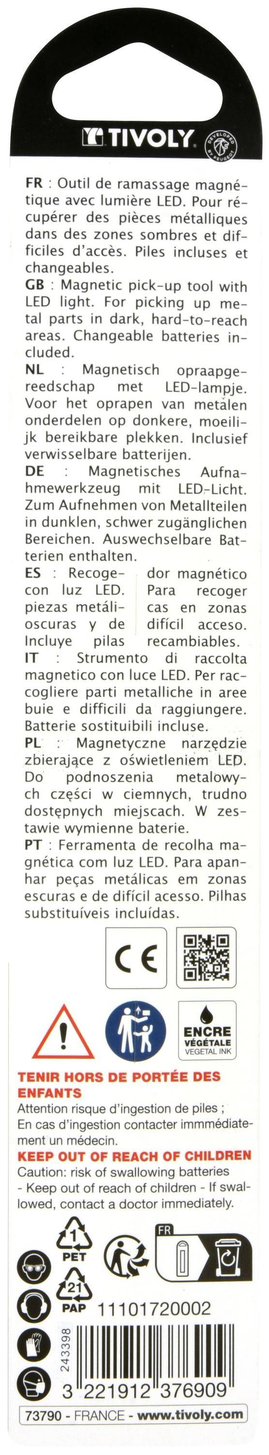 Tivoly – Tige magnétique télescopique L81 cm LED, ramassage pièces métalliques, poignée ergonomique, charge max 1 kg-2