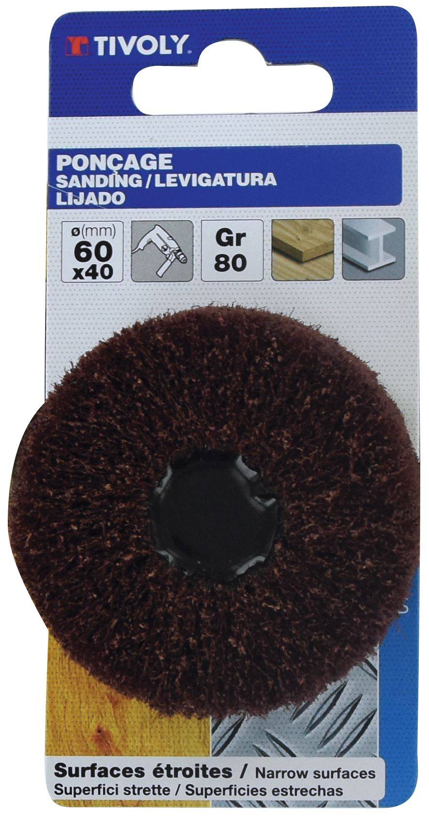 Tivoly – Roue mousse abrasive Ø 60 x 40 mm grain 80 avec tige 6 mm pour perceuse-visseuse-1