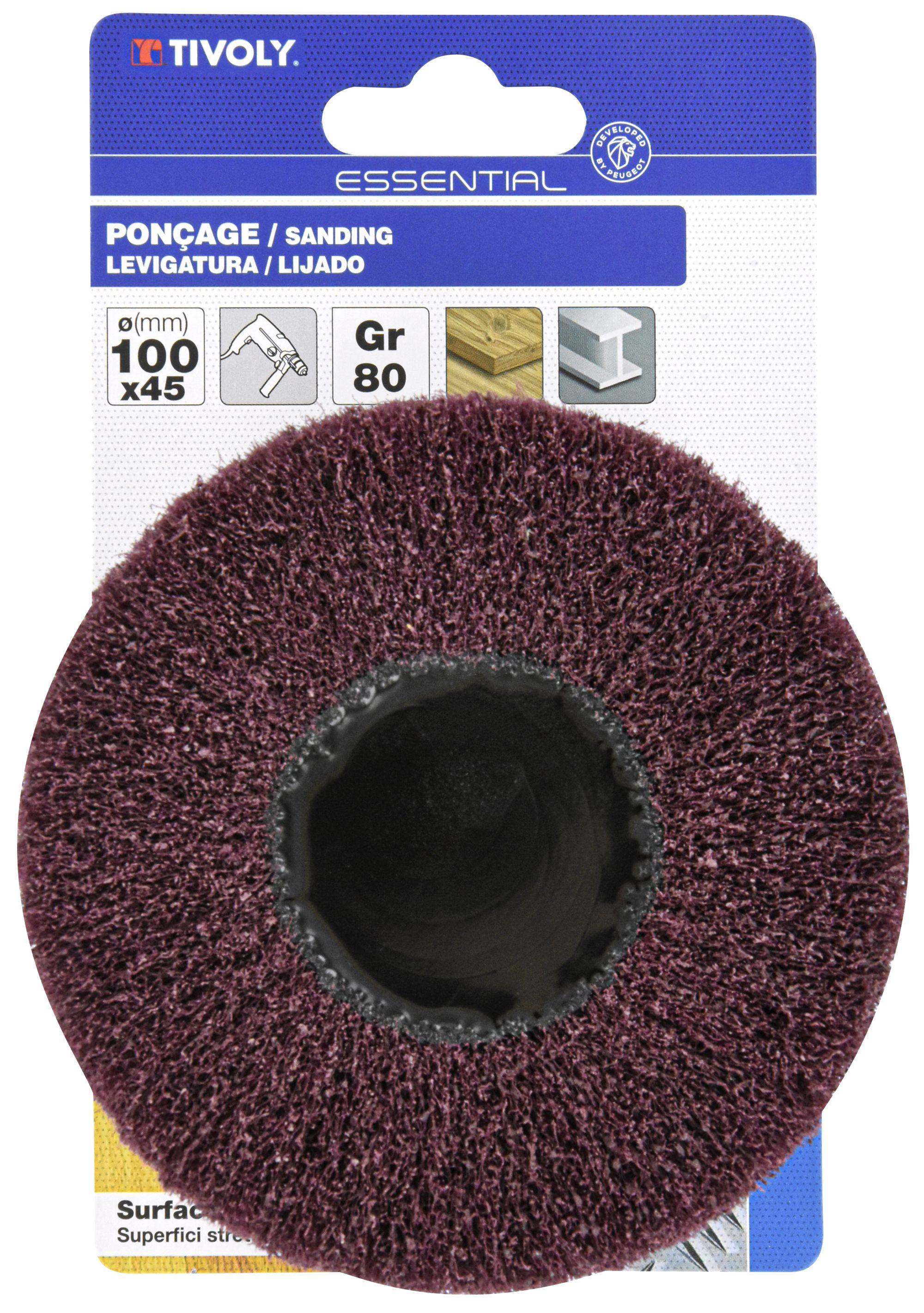 Tivoly – Roue mousse abrasive Ø 100 x 45 mm grain 80 avec tige 6 mm pour perceuse-visseuse-1